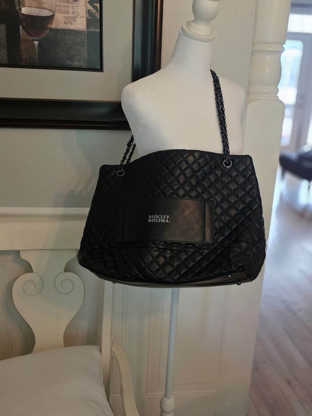 Badgley Mischka Black Quilted Chain-Handle Tote